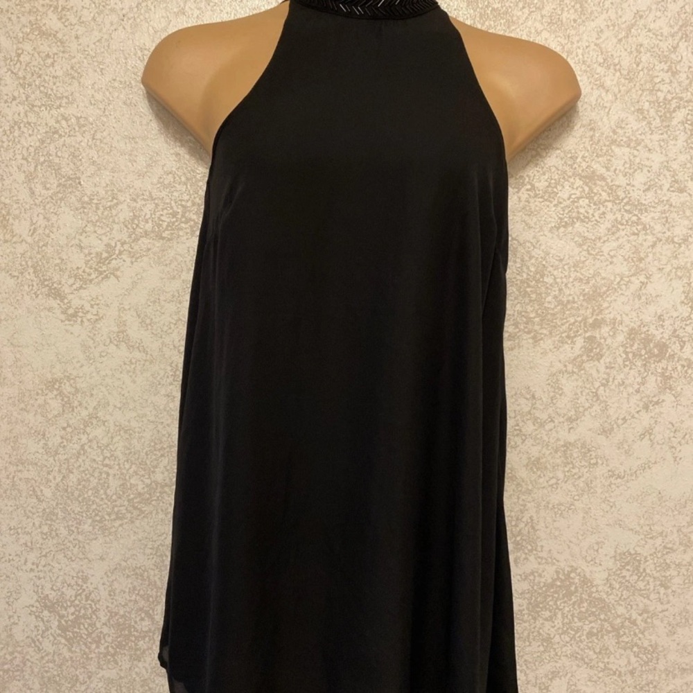 SCS Black Trapeze Beaded High Collar Dress